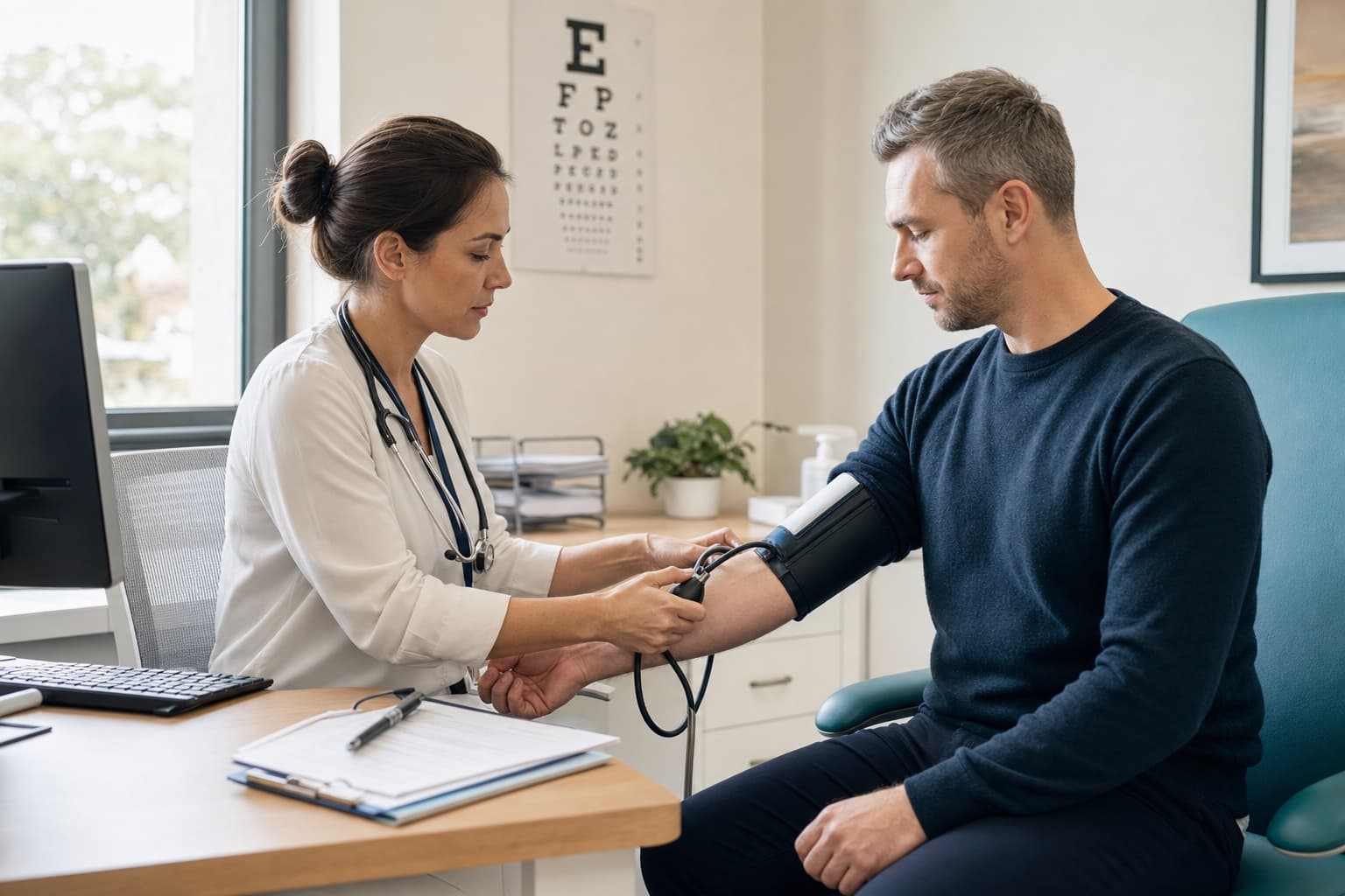A clinician carrying out a private medical assessment and blood pressure check